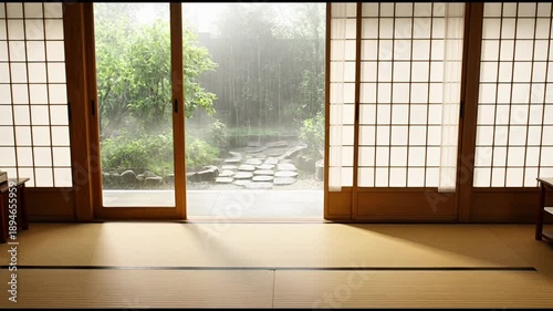 Serene traditional Japanese room with tatami mat and shoji screens opening to a tranquil garden 4K virtual backgrounds loop animation for stream overlay