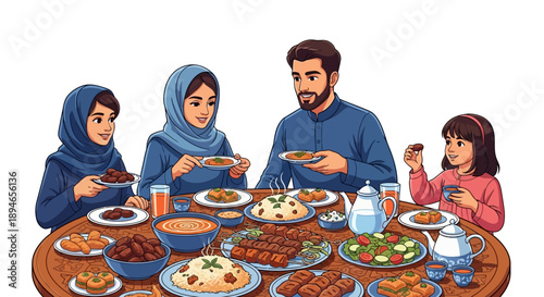 Illustration of a Muslim family sharing a meal together at a dining table during Ramadan, enjoying traditional iftar and suhoor dishes.