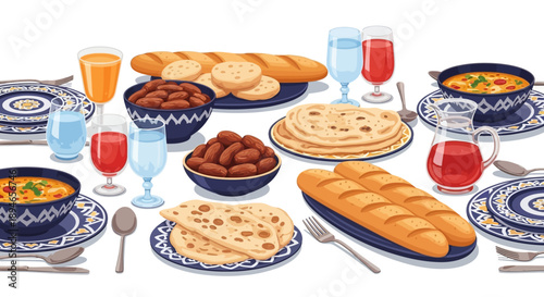 Illustration of a festive dining table set with various foods and drinks for iftar and suhoor during ramadan with family members