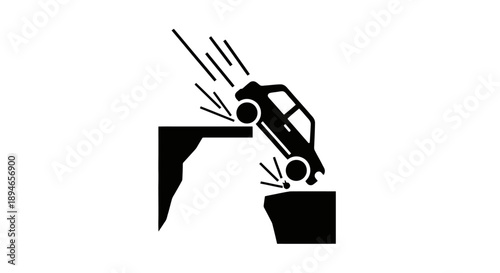 Car Falling Off Cliff Danger Symbol Icon.