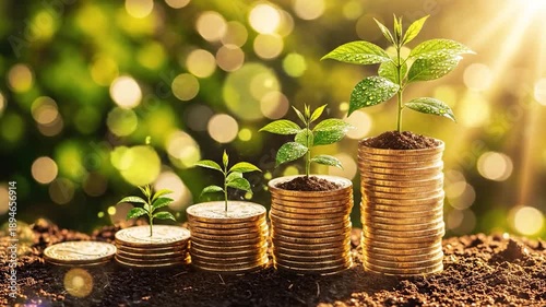 Seedlings sprout from stacks of coins in fertile soil, bathed in warm sunlight