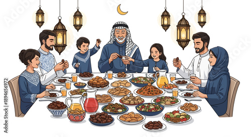 Illustration of a Muslim family sharing a traditional iftar and suhoor meal on a dining table with a variety of foods and drinks during Ramadan.
