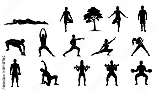 Fitness Exercise Silhouette Icons – Sport Workout Vector Set