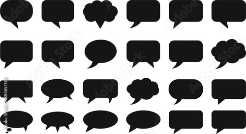 Black Solid Speech Bubble and Chat Icon Set for Social Media Dialogue, Comic Book Conversations, Instant Messaging Apps, and Creative Communication Graphic Designs