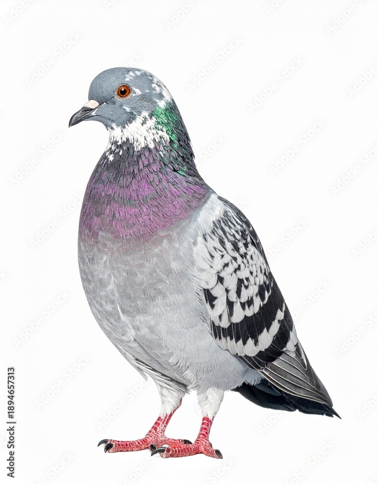 Fototapeta premium A close-up side view of a pigeon with grey, purple, and green feathers. It stands on a white backdrop