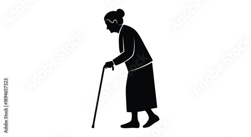 A stark black silhouette depicts an elderly woman leaning on a walking cane for support showcasing age and fragility silhouette