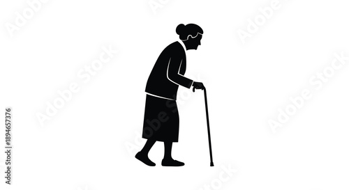A stark black silhouette depicts an elderly woman slowly walking with a cane embodying age and frailty silhouette