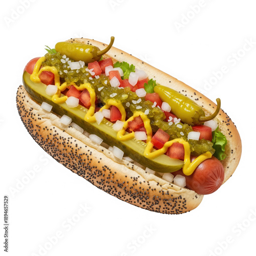 A delicious chicago-style hot dog with classic toppings and a poppy seed bun isolated on transparent background