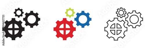 Three Gear Icons Set for System Settings. Multiple gear icons in black outline and colorful styles, representing settings, configuration, teamwork, and technical process technology development. 