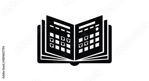 A striking black icon depicts an open book with grid like pages showcasing knowledge and learning silhouette high quality