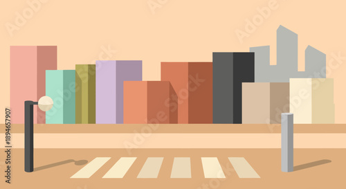 Colorful cityscape with modern buildings and street infrastructure.