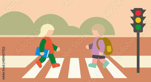 Children crossing the street at a pedestrian crossing with a traffic light.