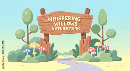 Whimsical cartoon entrance sign for Whispering Willows Nature Park surrounded by trees and flowers.