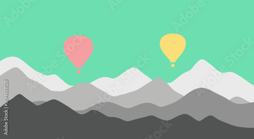 Colorful Hot Air Balloons Flying Over Mountain Landscape.
