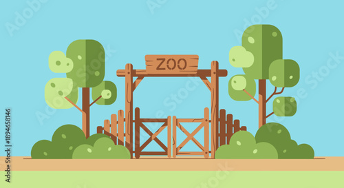 Cartoon illustration of a zoo entrance with wooden gate and sign.