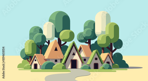 Quaint Village with Houses and Trees Illustration.