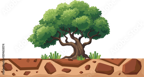 A large, cartoon tree with a sprawling canopy and thick trunk, rooted in a cross-section of soil with grass