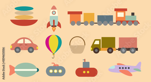 Colorful illustrations of various vehicles and objects for children.