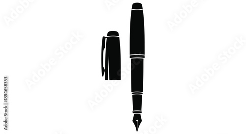 A stark depiction of two fountain pens one capped and one with a visible nib in a minimalist silhouette