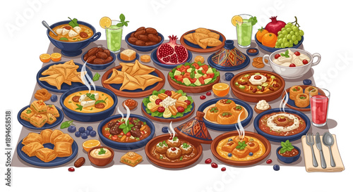 A colorful illustration of a diverse spread of food on a dining table for iftar and suhoor during Ramadan with family.