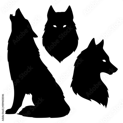 Wild wolf silhouette, standing on mountain rock, howling, flat graphic design