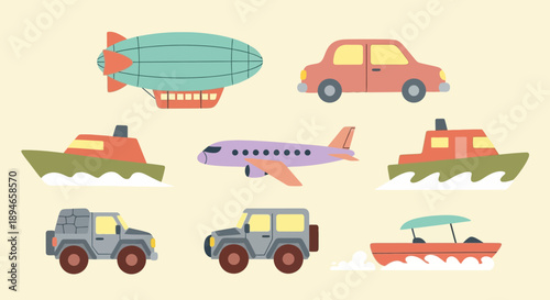 Collection of various cartoon vehicles on a pale yellow background.