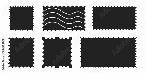 Black jagged and wavy edge rectangle shapes set featuring minimalist decorative sticker frames, textile swatch silhouettes, perfect for graphic design, pattern creation, digital layouts, and vector