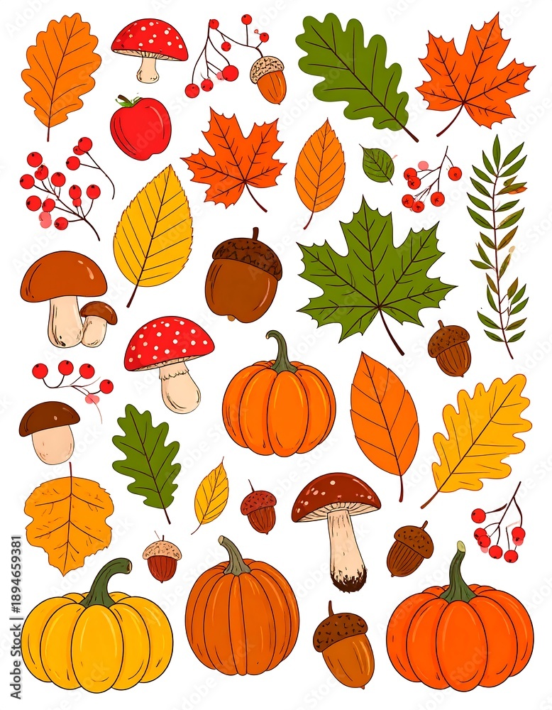 Obraz premium A collection of various autumn elements including leaves, pumpkins, and fungi arranged decoratively