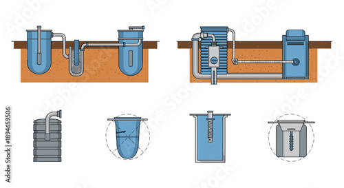 Detailed illustration showcasing various sewage treatment systems and septic tank designs for efficient wastewater management and environmental protection.