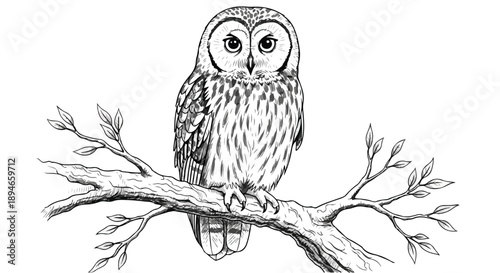 Detailed owl bird perched on tree branch