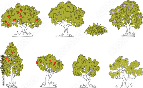 Collection of stylized cartoon trees with fruits and flowers on white background nature plants