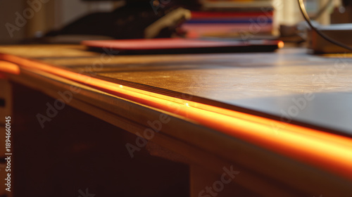 Workspace with orange light on desk surface shows tools and materials during afternoon hours in a creative setting