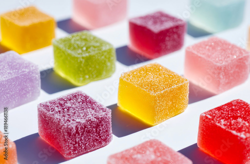 Brightly colored fruit gummy candies are neatly arranged in rows, showcasing a variety of shapes and textures. AI generated.