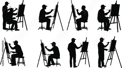 Artist painting canvas silhouette set vector illustration painter easel art studio creative people black white design collection bundle
