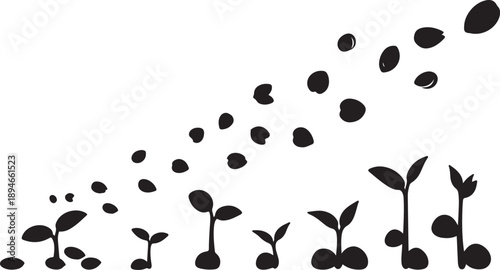 Sprouting seedlings growing from seeds in a diagonal line