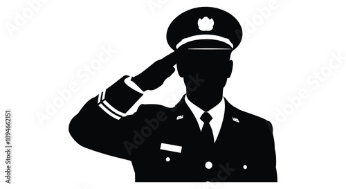 A black silhouette of a military officer saluting with a peaked cap demonstrating respect and honor silhouette