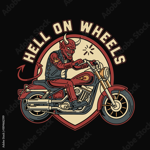 Devil Biker Riding Motorcycle Hell on Wheels Illustration.