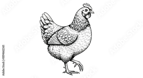 Detailed standing hen chicken farm animal sketch