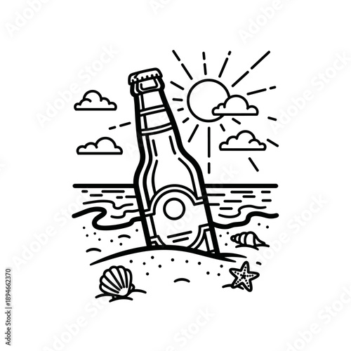 A refreshing beer bottle on a sunny beach scene.