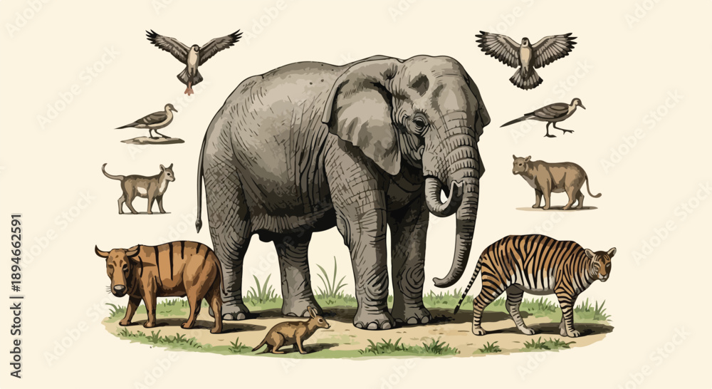 Fototapeta premium African elephant with safari animals nature sketch