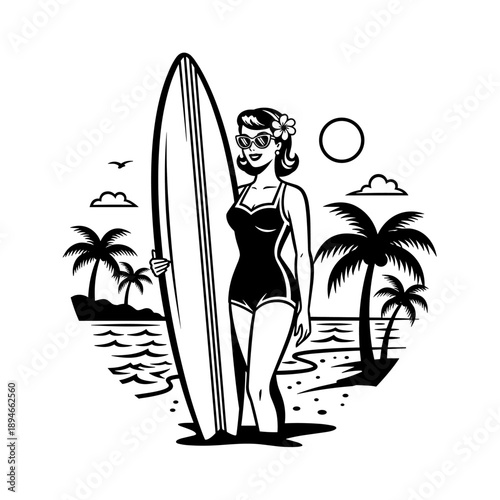 Vintage Pin-Up Surfer Girl in Swimsuit.