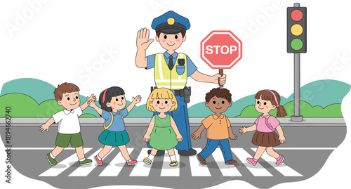 Vector, illustration, of, a, policeman, holding, a, stop, sign, helping, diverse, children, cross, the, street, safely, for, road, safety, education