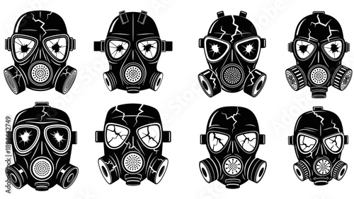 Collection of eight gas masks with cracked and damaged filters.
