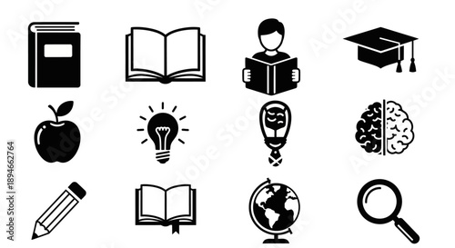 Collection of education and learning icons on white background.