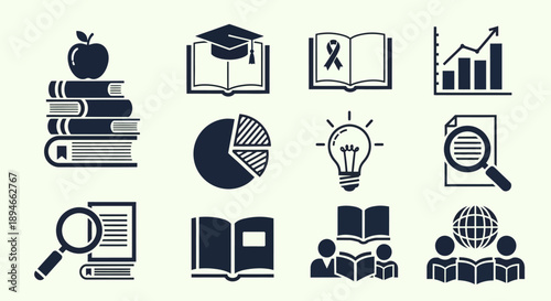 Collection of education and learning icons representing knowledge and research.