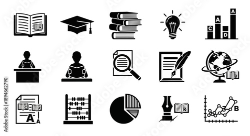 Collection of Education and Learning Icons Representing Knowledge and Study.