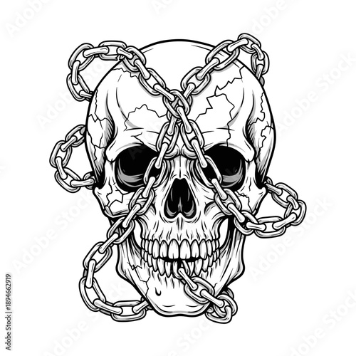 Skull entangled in chains, a powerful symbol of confinement and mortality.