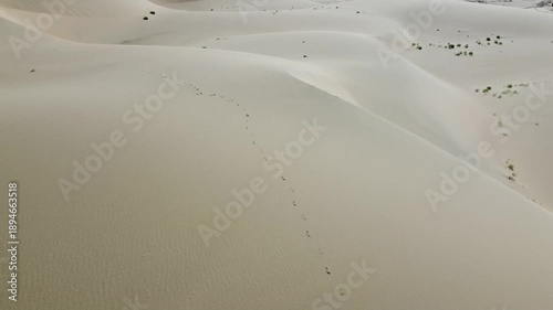 People walking through the desert, aerial photography, view of the dunes from above
