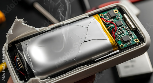 Close up of a damaged and swollen lithium-ion battery emitting smoke after failure inside a small white electronic device casing during repair