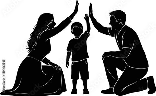 Happy family silhouette of mother father and child giving high five, parents and son celebrating together for love and unity,